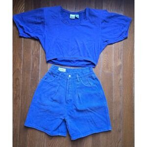 VTG Nuovo 2 Piece Purple Set – High-Waisted Denim Shorts & Shoulder Pad Crop Top